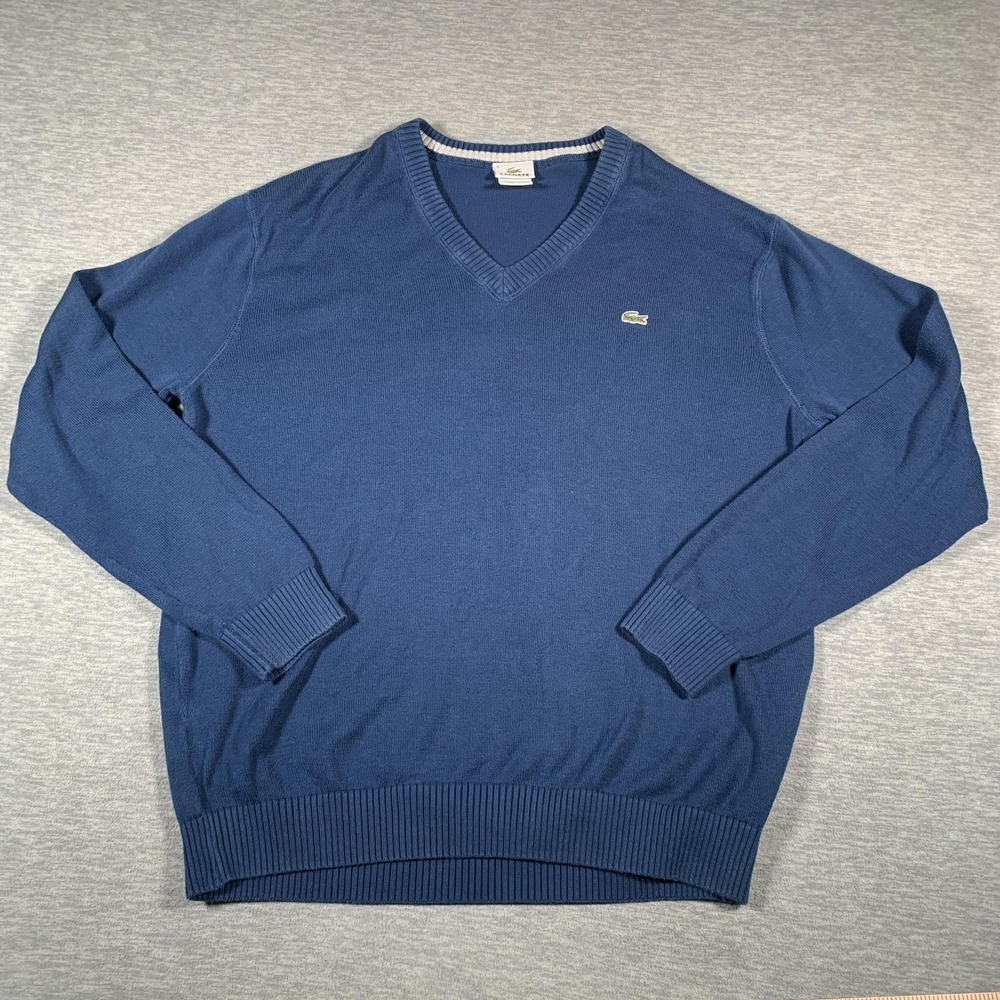 Lacoste Sweater‎ Pullover Mens Extra Large Blue V Neck 100% Cotton Croc Logo